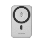 پاوربانک مگ سیف گرنداسکای مدل GPW-100 با ظرفیت 10000 میلی‌آمپر ساعت به رنگ سفید، مناسب برای شارژ سریع گوشی‌های آیفون و دستگاه‌های دیگر.