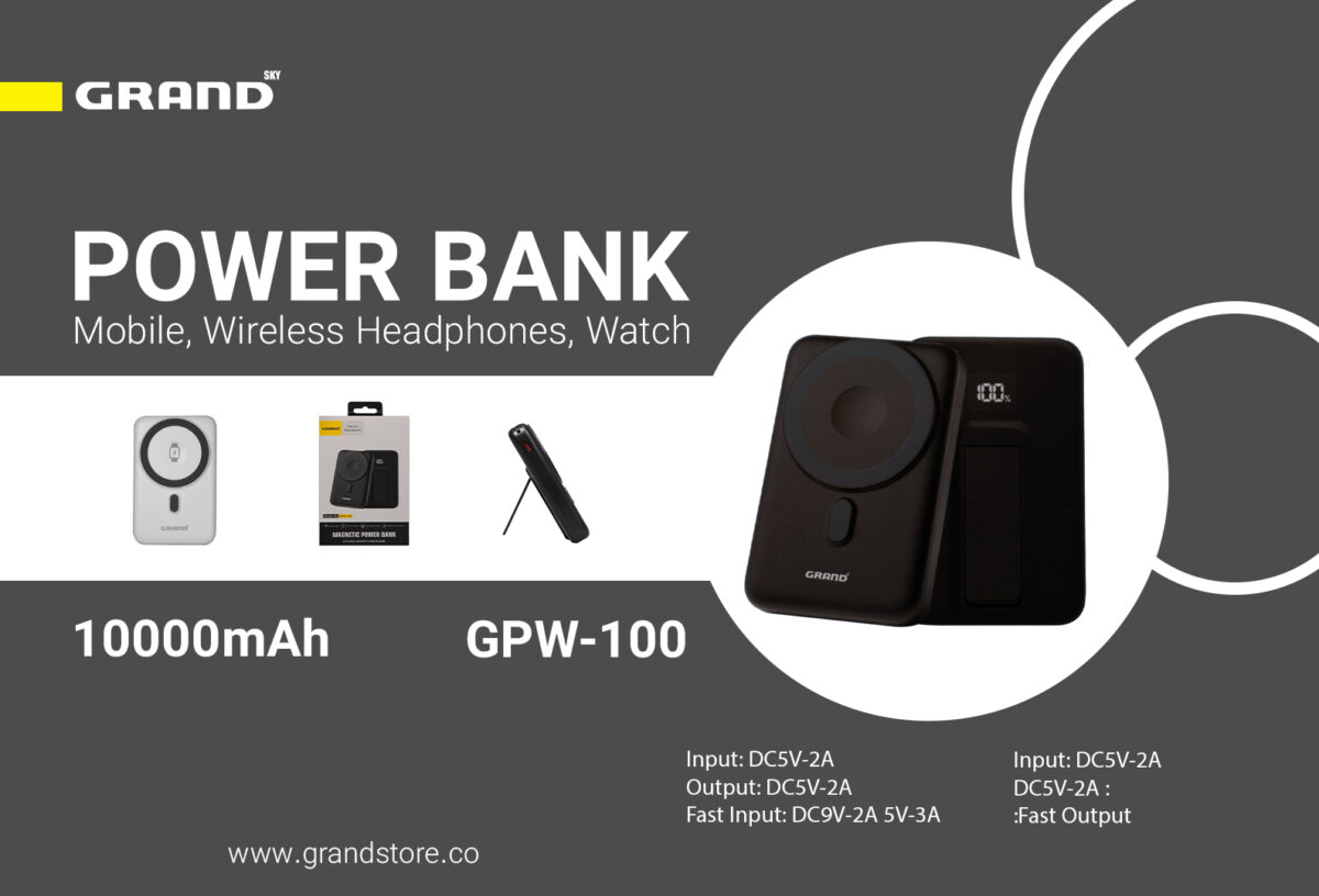 پاوربانک مگ سیف گرنداسکای مدل GPW-100 به رنگ سفید در دست کاربر، مناسب برای حمل آسان و شارژ دستگاه‌ها در سفر